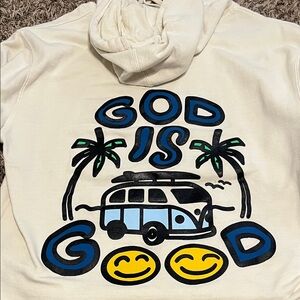 Hoodie with Blue "God Is Good" Print